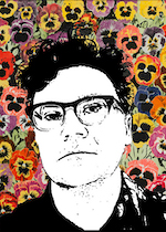 Digital art of a face, surrounded by stylized flowers